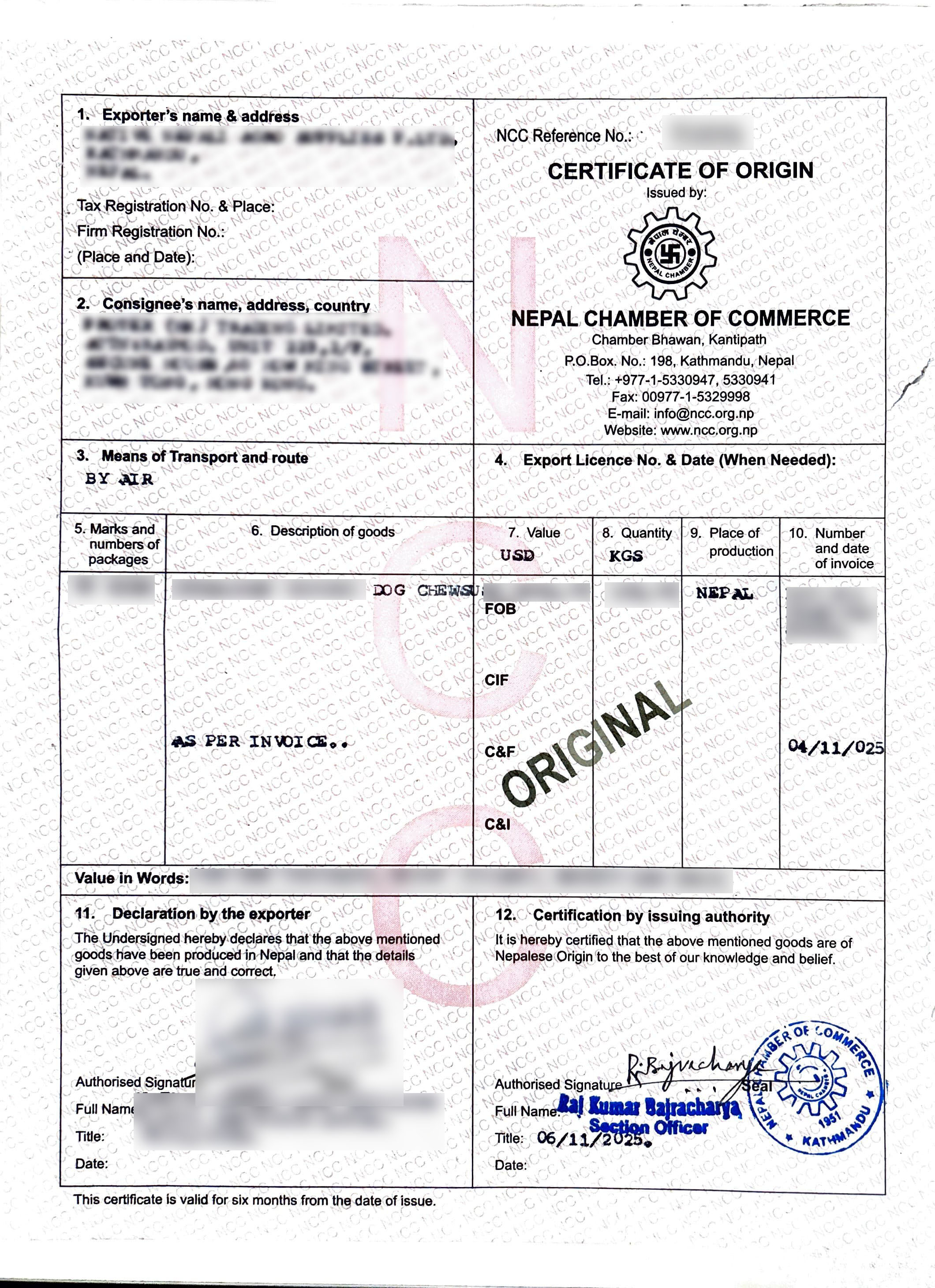 Certificate of Origin (Nepal) for Traditional Yak Chews