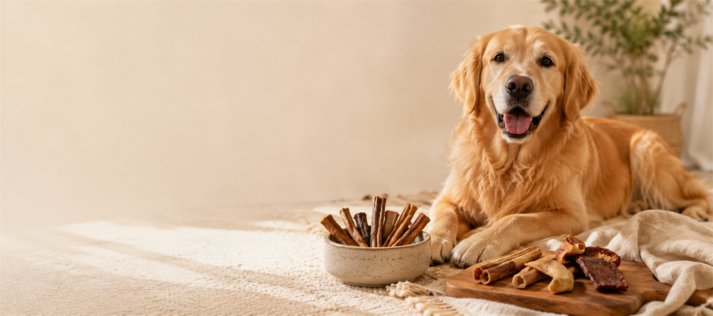 A dog resting beside a selection of natural treats and chews