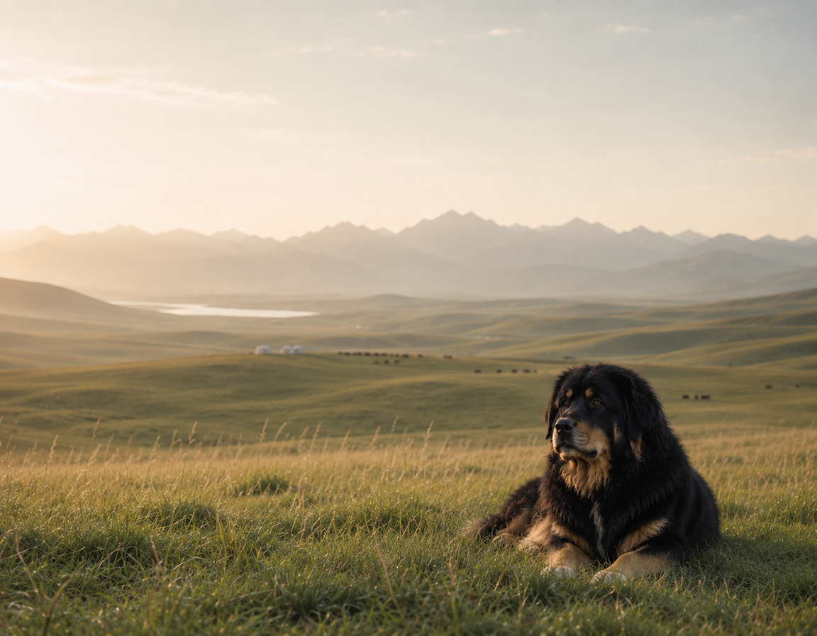 Dog resting on the Mongolian grassland with mountains in the distance