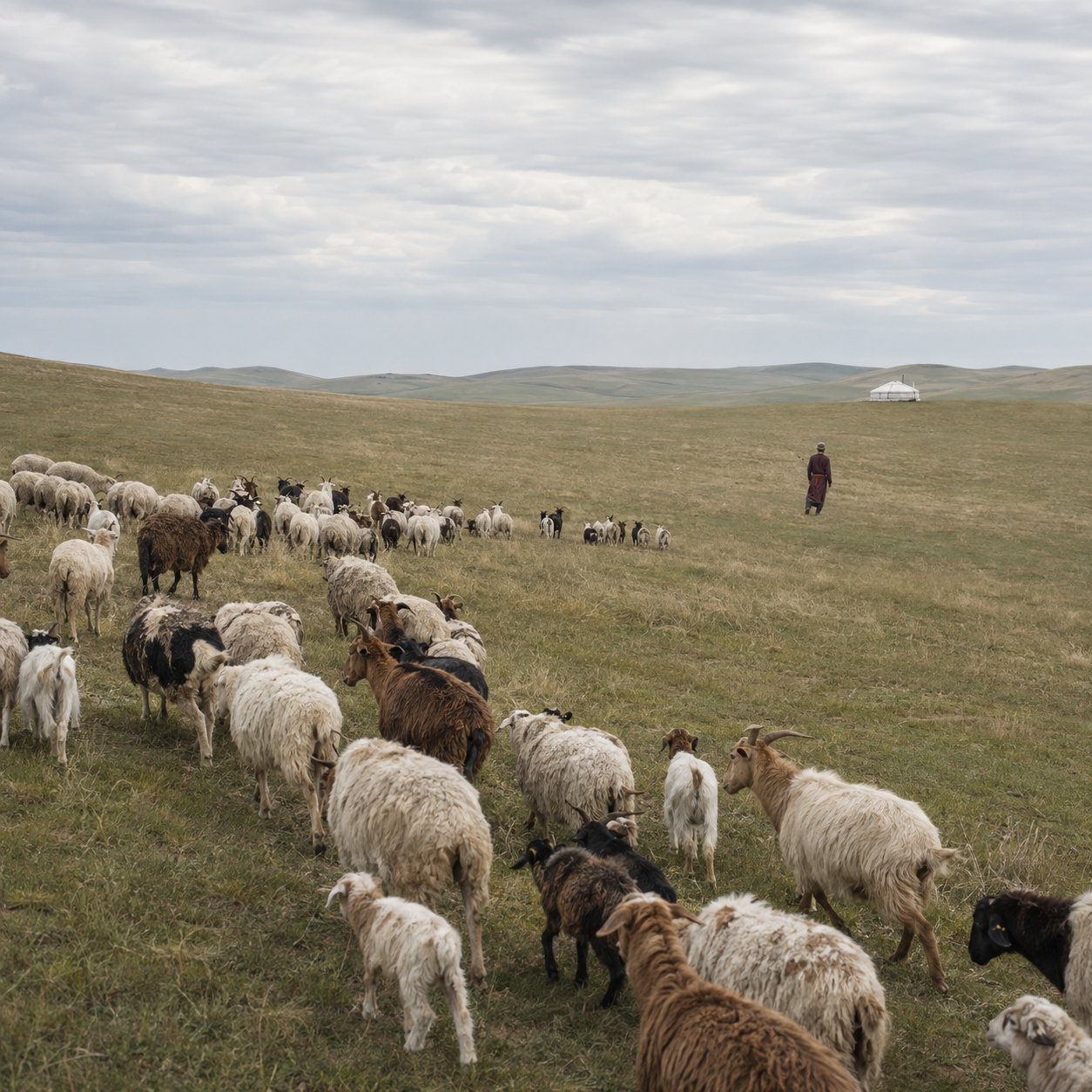 Mongolian herder leading sheep and goats across the grassland