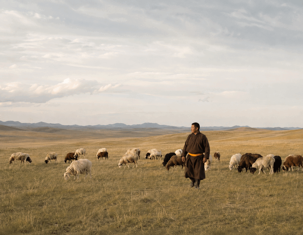 Traditional Mongolian herders with their livestock in natural grasslands